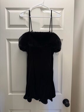 Black Velvet Mini Dress with Faux Fur Trim